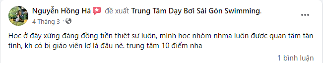 Dánh giá của học viên học bơi ở Quận 5 tại Sài Gòn Swimming